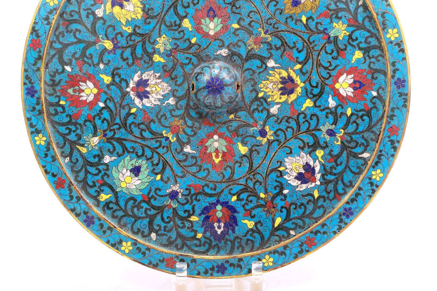 A Gorgeous Circular Cloisonne 'Scrolling Lotus' Mirror