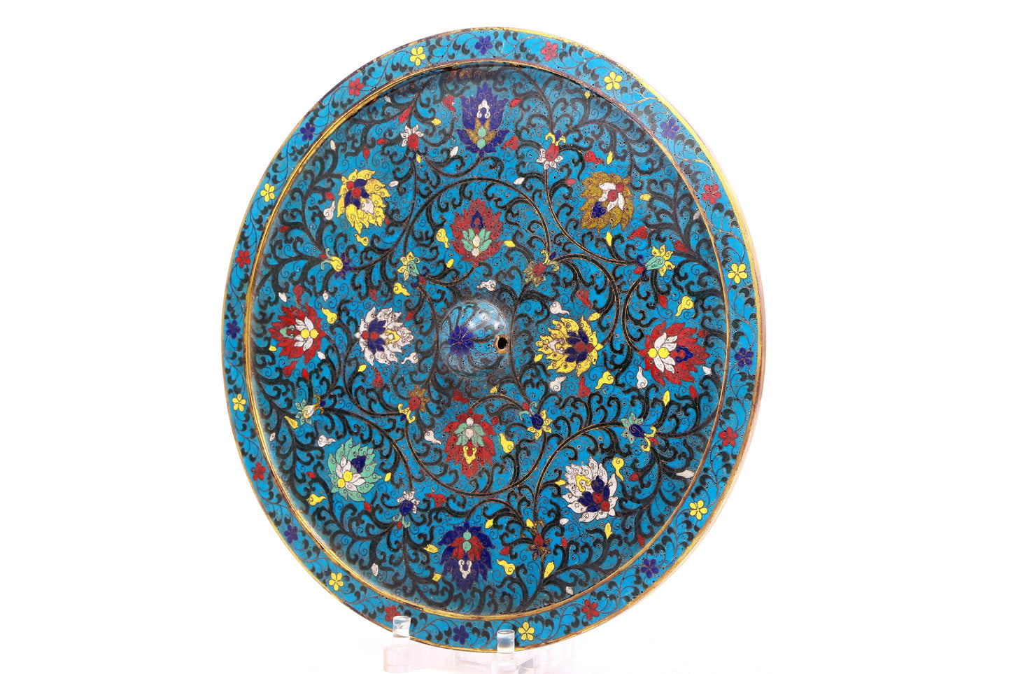 A Gorgeous Circular Cloisonne 'Scrolling Lotus' Mirror