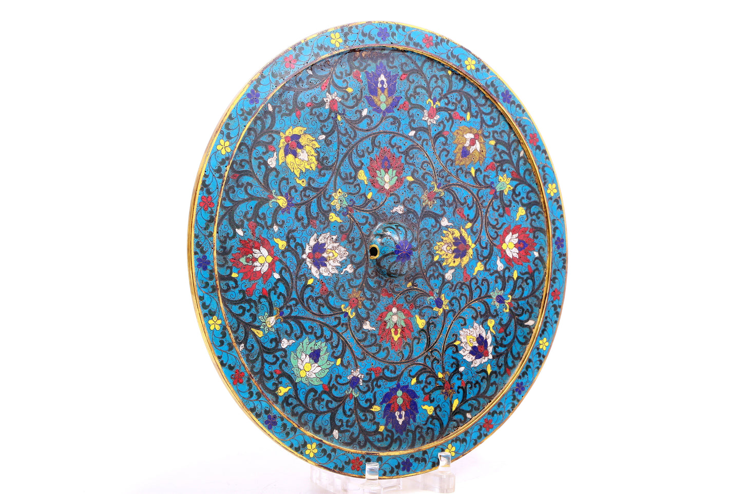 A Gorgeous Circular Cloisonne 'Scrolling Lotus' Mirror