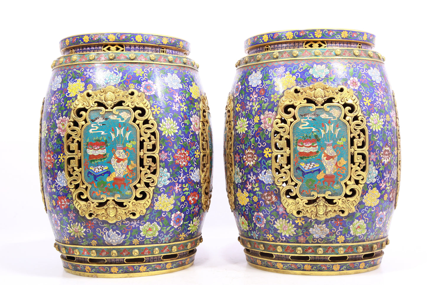 Pair of cloisonné 'Flower and Lion' pattern stools