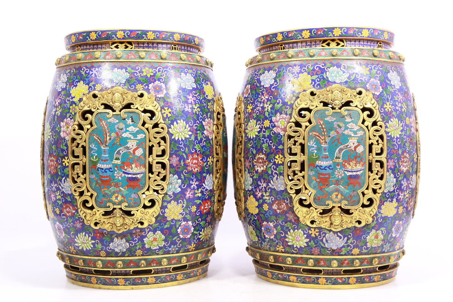 Pair of cloisonné 'Flower and Lion' pattern stools