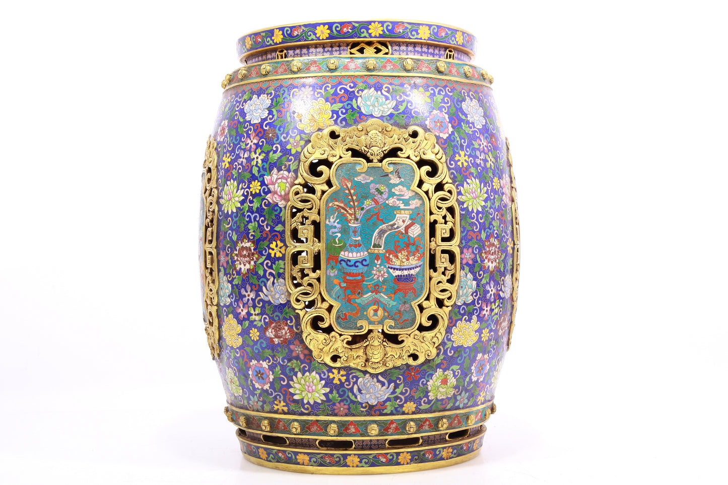 Pair of cloisonné 'Flower and Lion' pattern stools