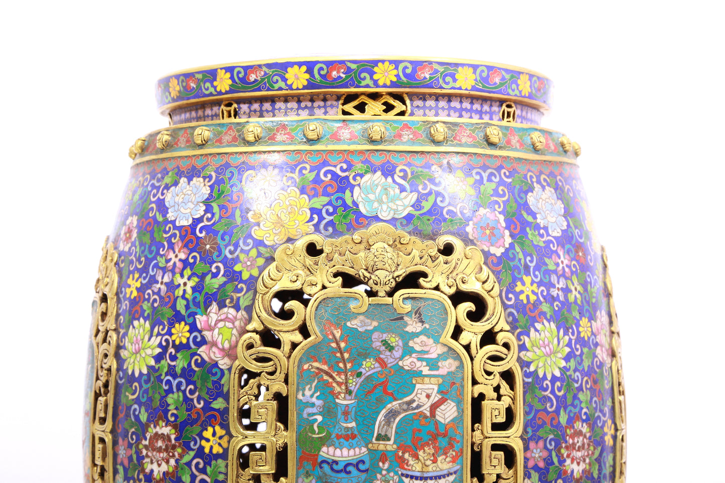 Pair of cloisonné 'Flower and Lion' pattern stools