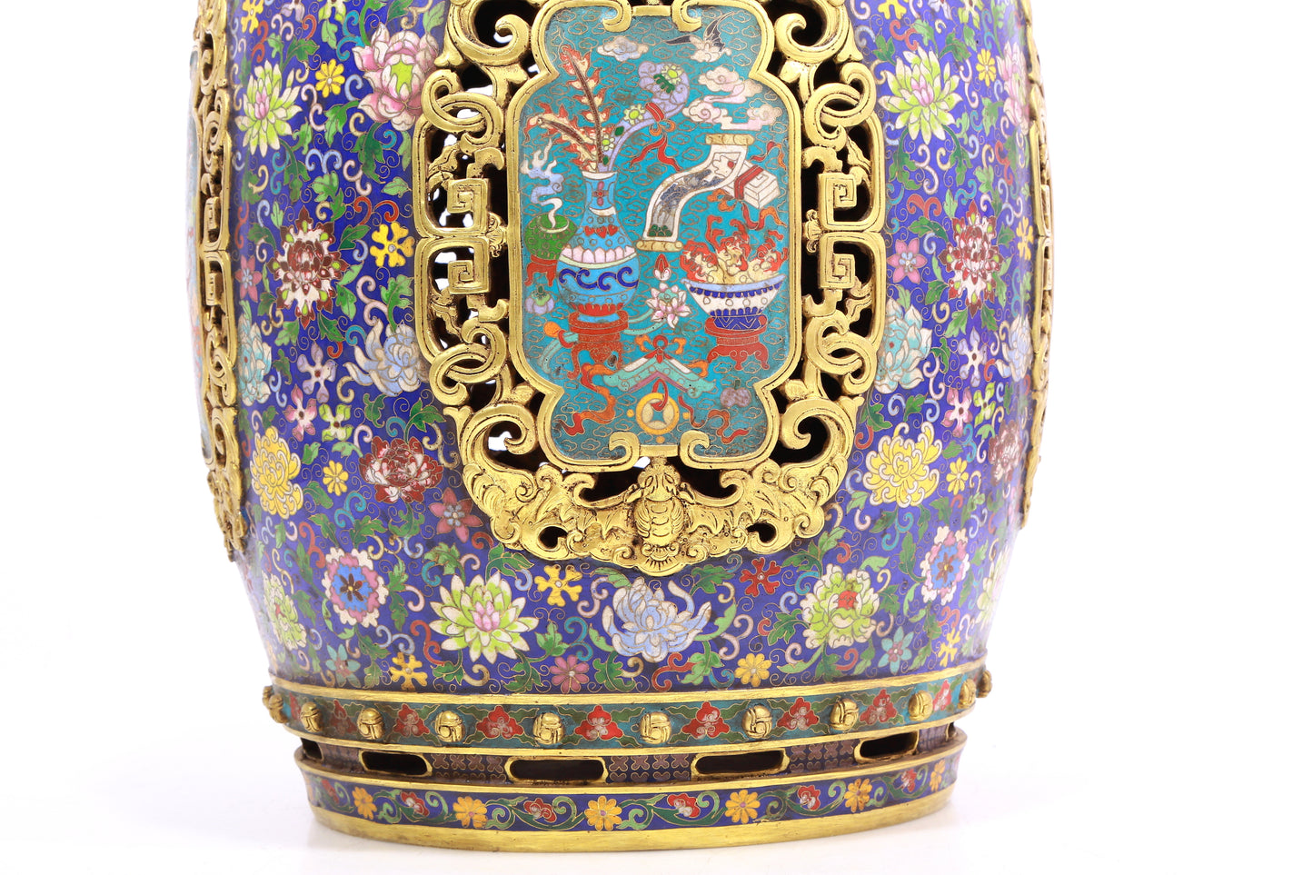 Pair of cloisonné 'Flower and Lion' pattern stools