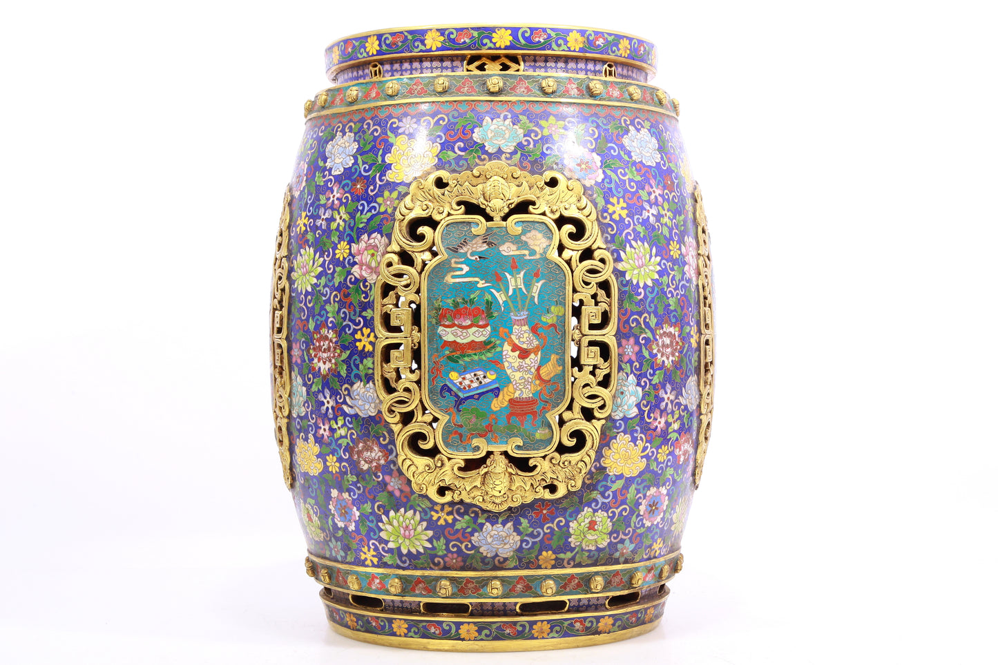 Pair of cloisonné 'Flower and Lion' pattern stools