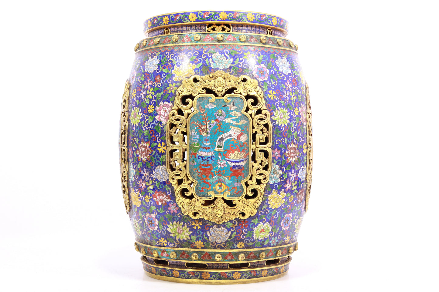 Pair of cloisonné 'Flower and Lion' pattern stools