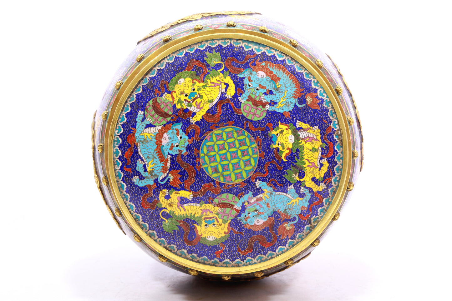 Pair of cloisonné 'Flower and Lion' pattern stools