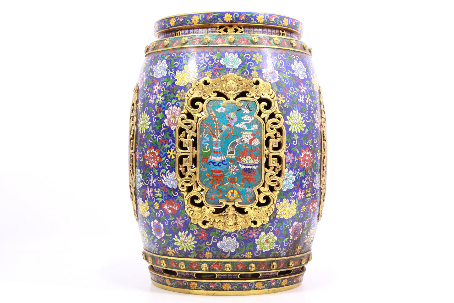 Pair of cloisonné 'Flower and Lion' pattern stools