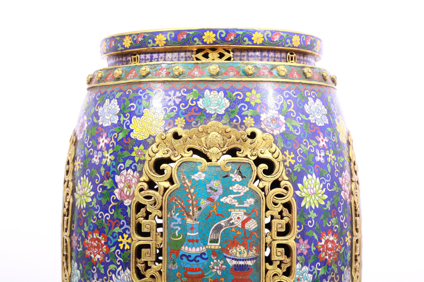 Pair of cloisonné 'Flower and Lion' pattern stools