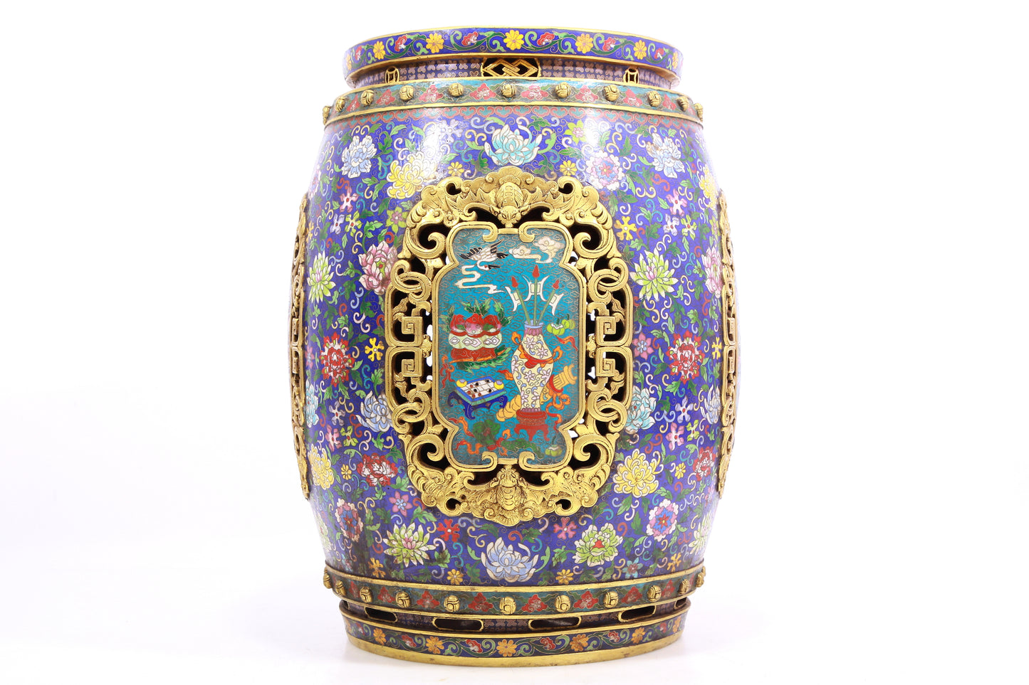 Pair of cloisonné 'Flower and Lion' pattern stools