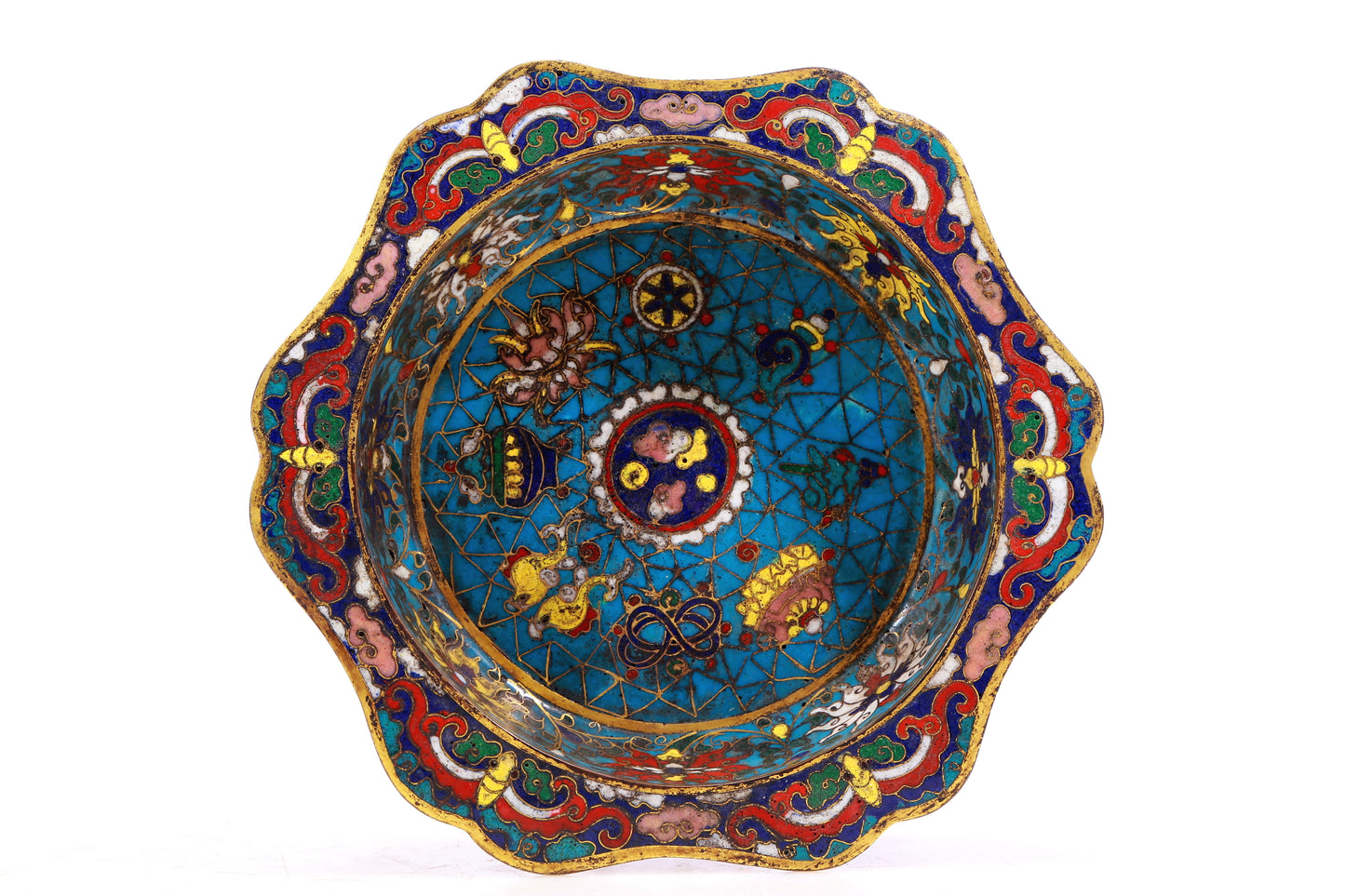 An Exquisite Cloisonne 'Scrolling Lotus& Weapons Of The Eight Immortals' Jardiniere