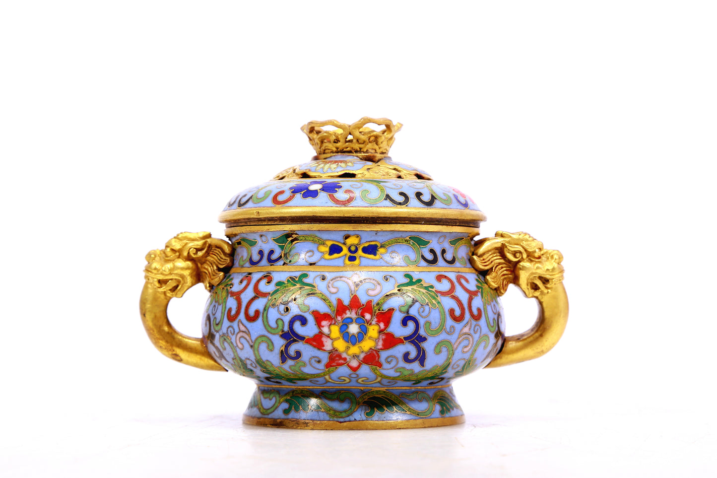 A cloisonne lotus pattern auspicious animal ear stove with lid