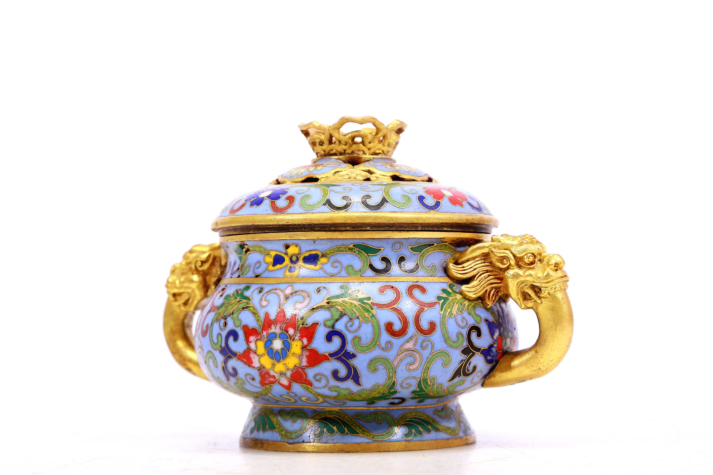 A cloisonne lotus pattern auspicious animal ear stove with lid