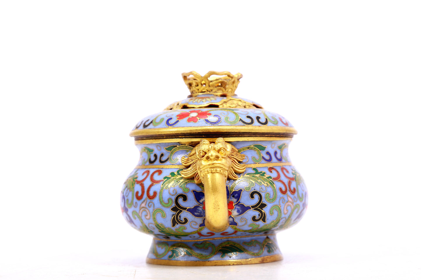 A cloisonne lotus pattern auspicious animal ear stove with lid