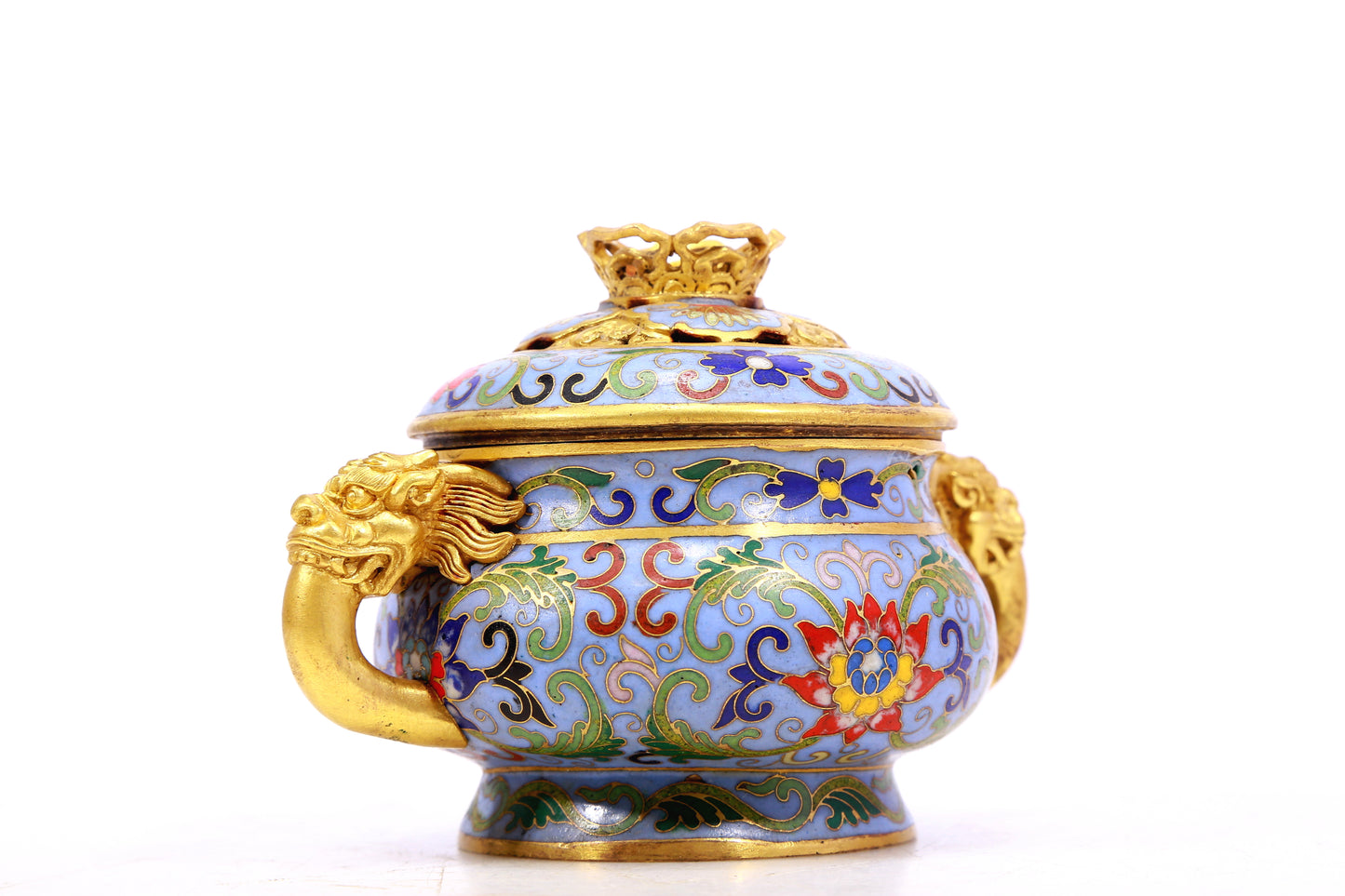 A cloisonne lotus pattern auspicious animal ear stove with lid