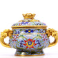 A cloisonne lotus pattern auspicious animal ear stove with lid