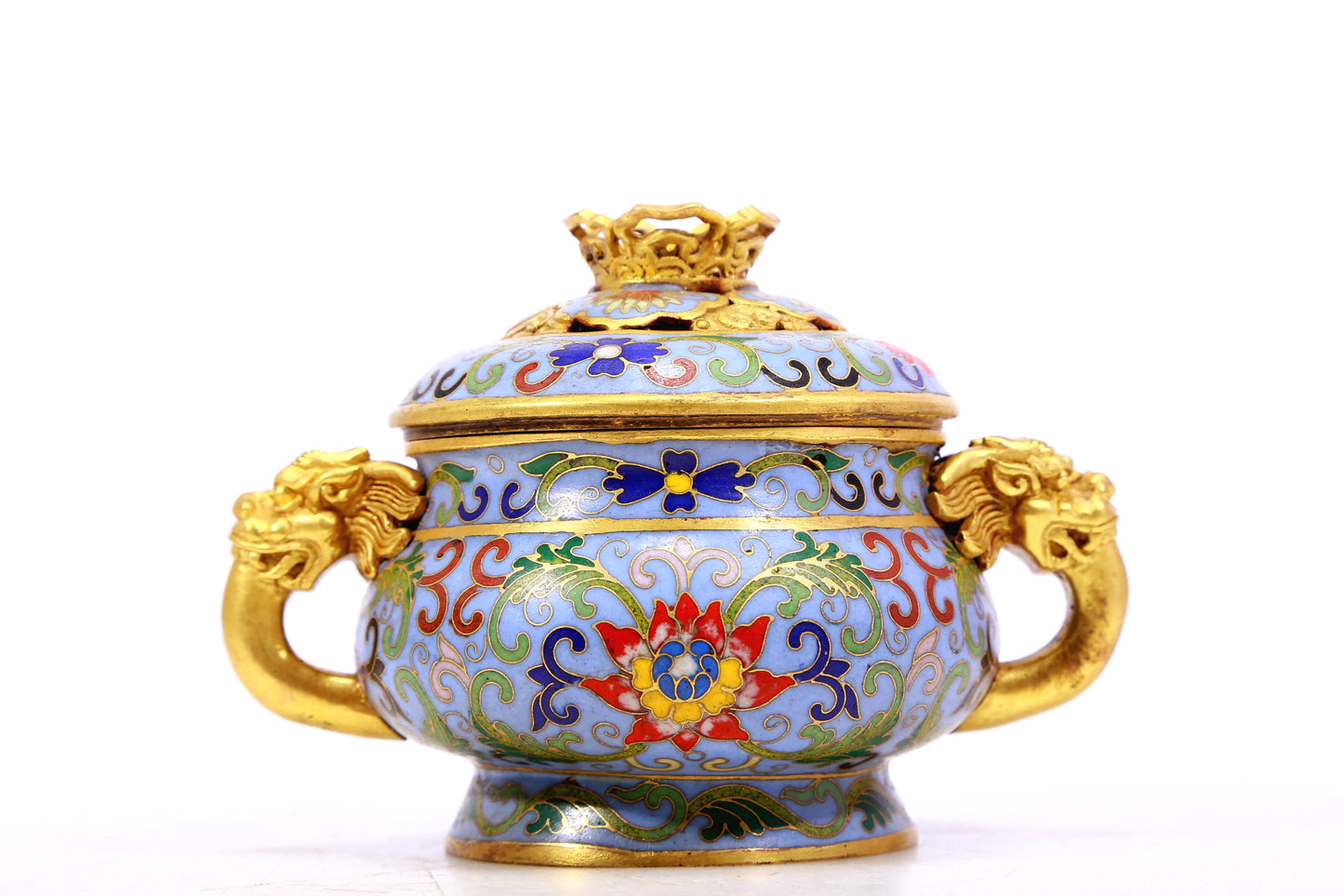 A cloisonne lotus pattern auspicious animal ear stove with lid