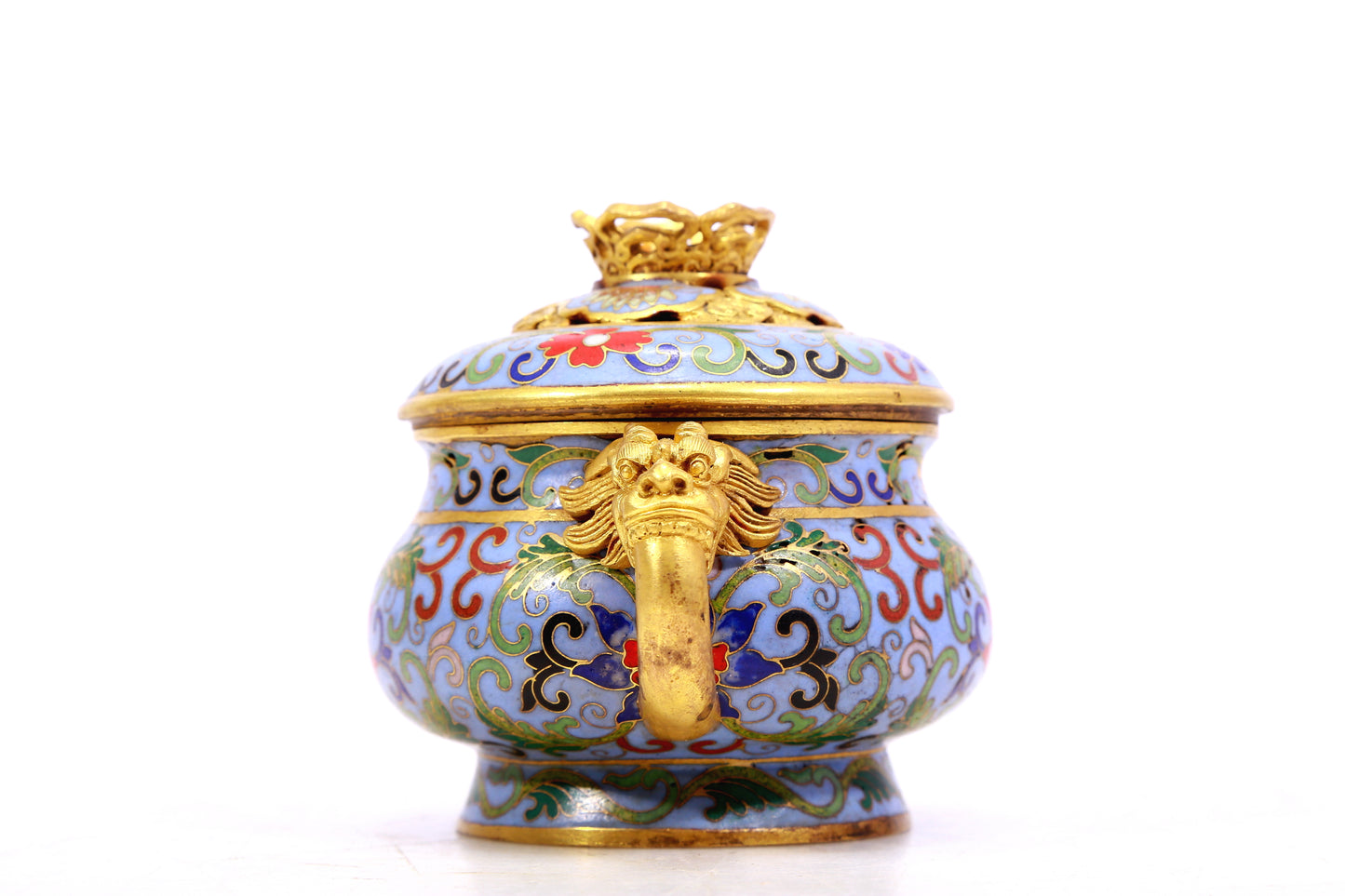 A cloisonne lotus pattern auspicious animal ear stove with lid