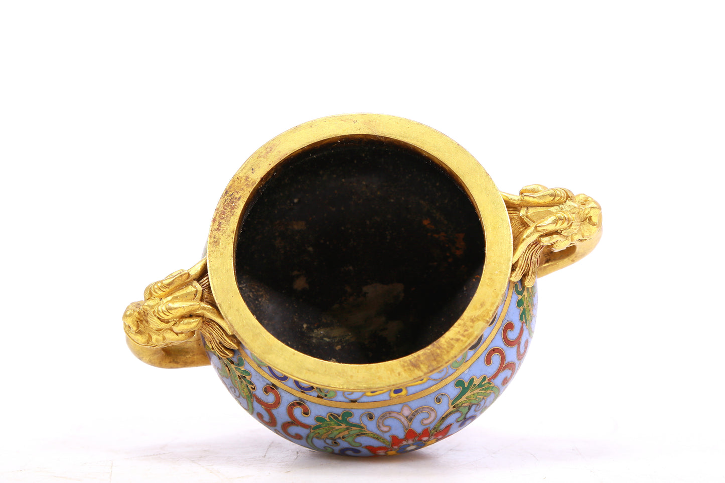 A cloisonne lotus pattern auspicious animal ear stove with lid