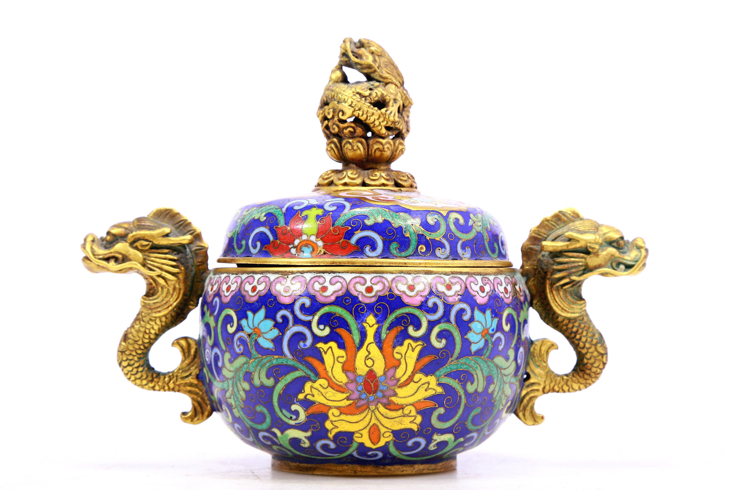 A cloisonné tangled lotus pattern dragon ear censer