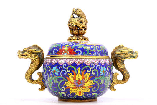 A cloisonné tangled lotus pattern dragon ear censer