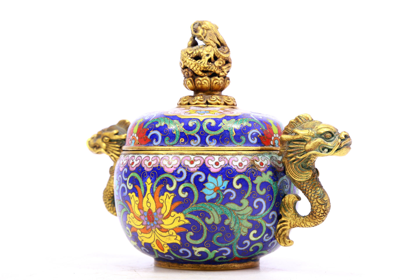 A cloisonné tangled lotus pattern dragon ear censer