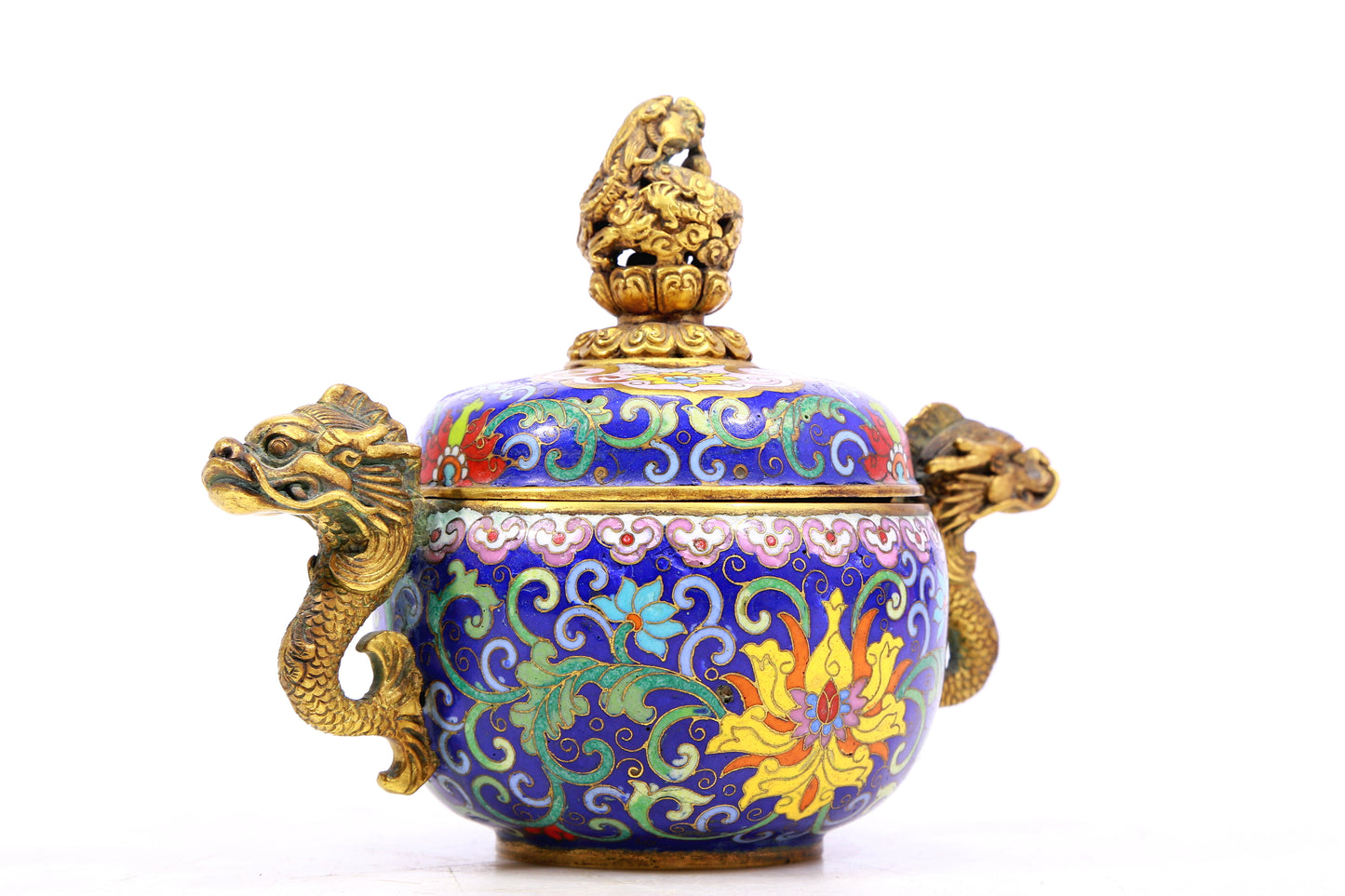 A cloisonné tangled lotus pattern dragon ear censer