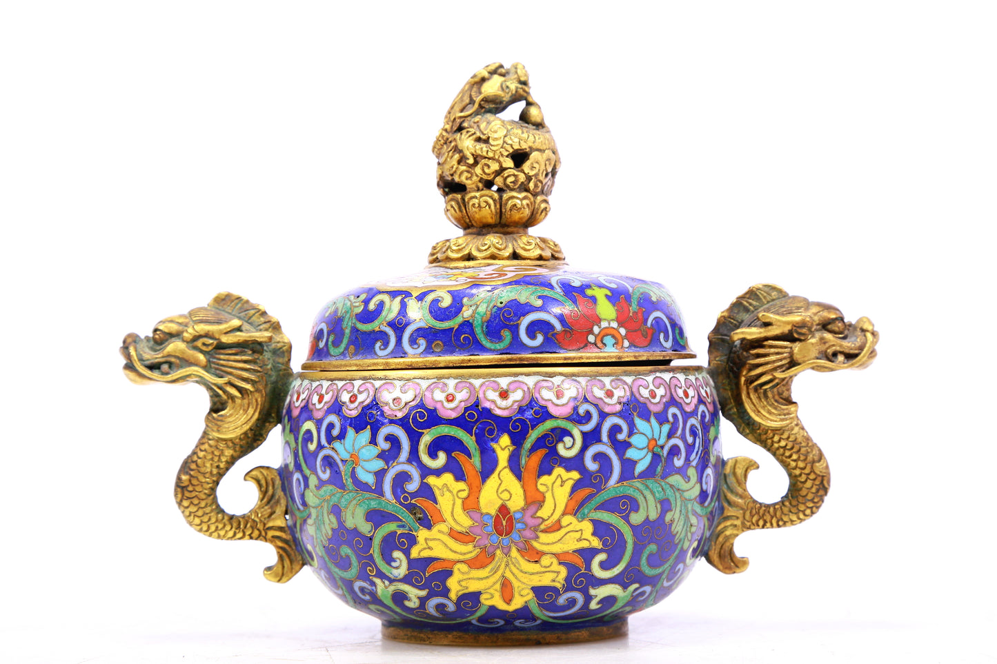 A cloisonné tangled lotus pattern dragon ear censer