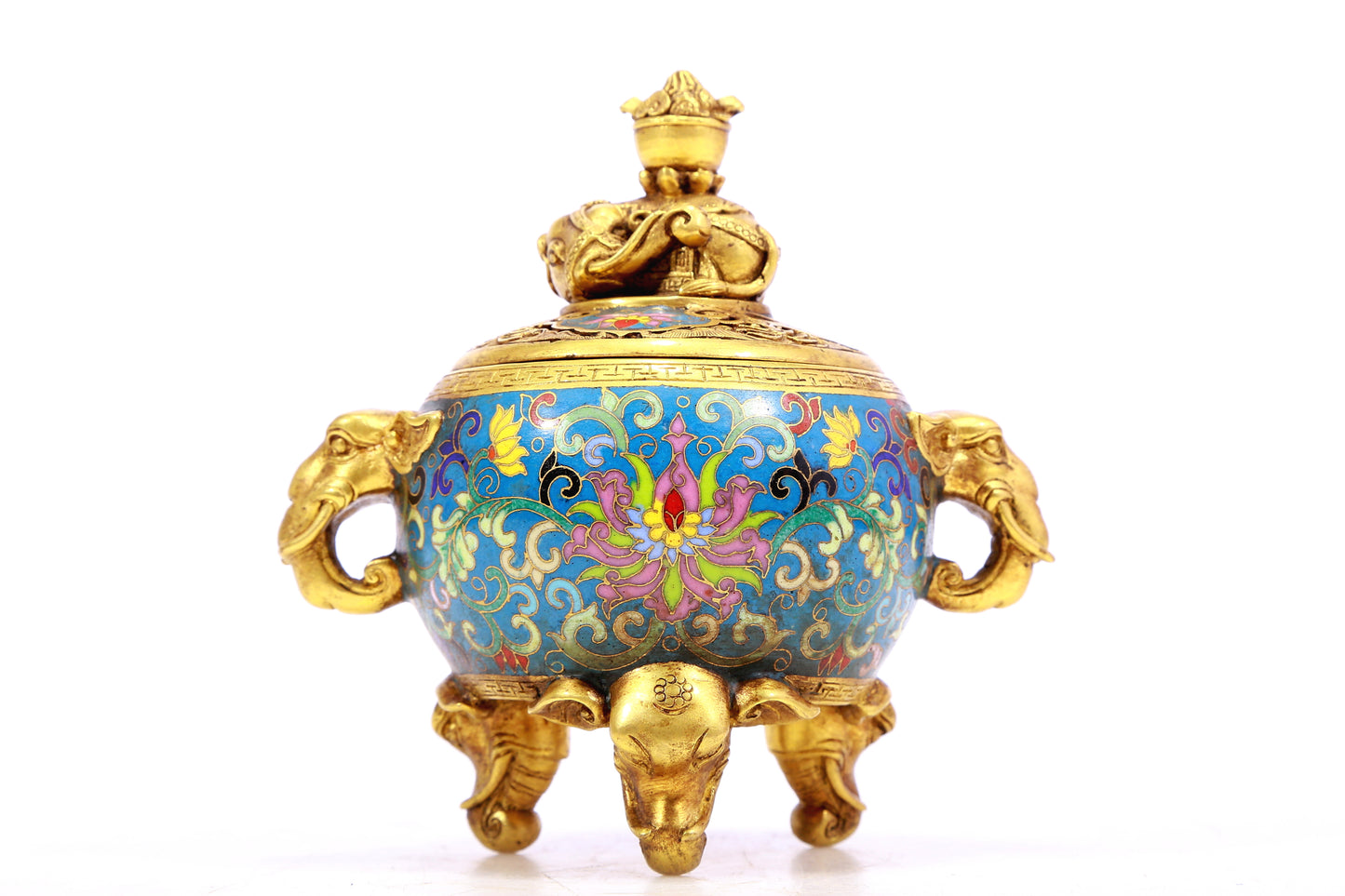 A cloisonné censer with two ears and three legs with lotus pattern