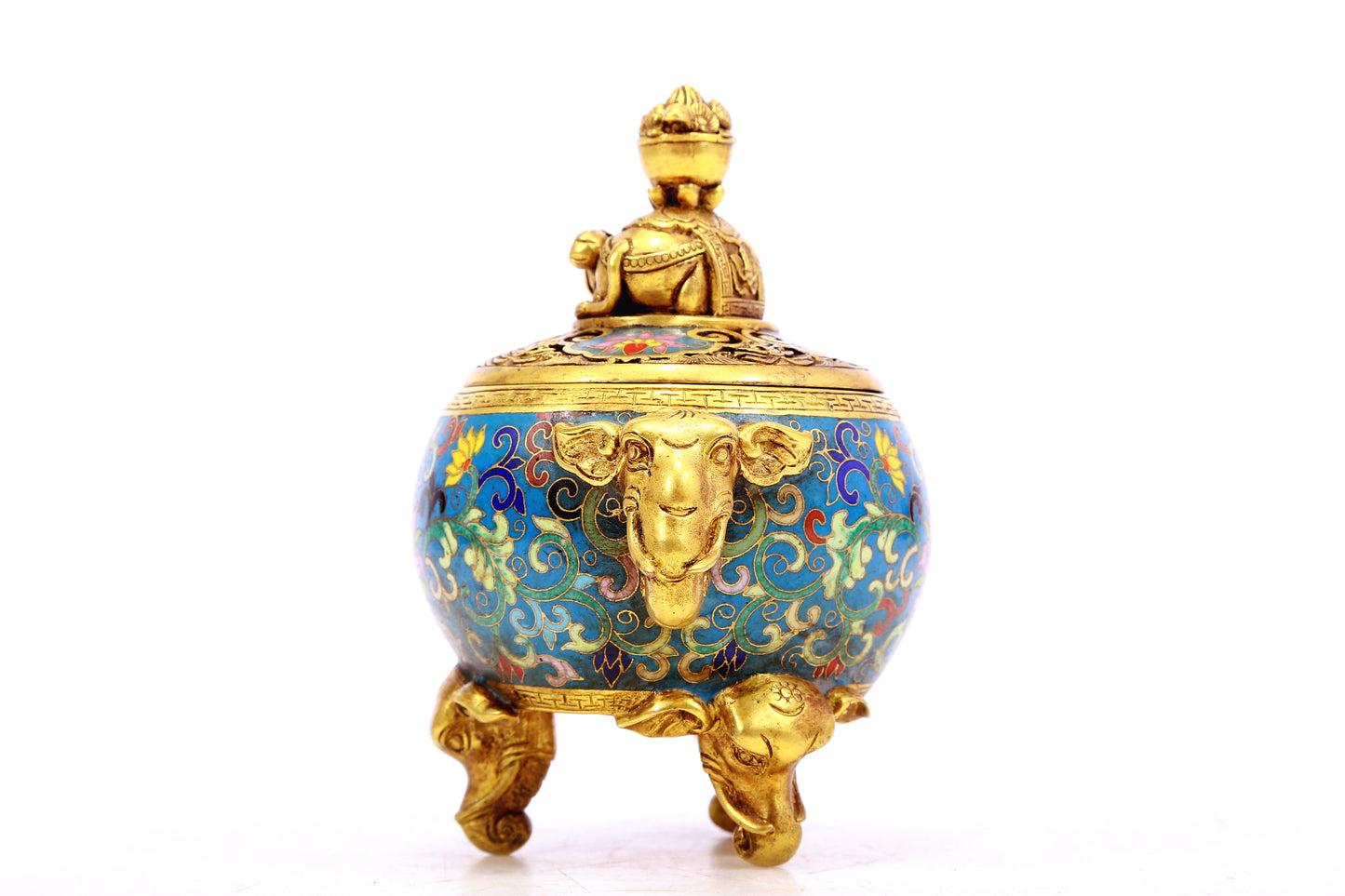 A cloisonné censer with two ears and three legs with lotus pattern