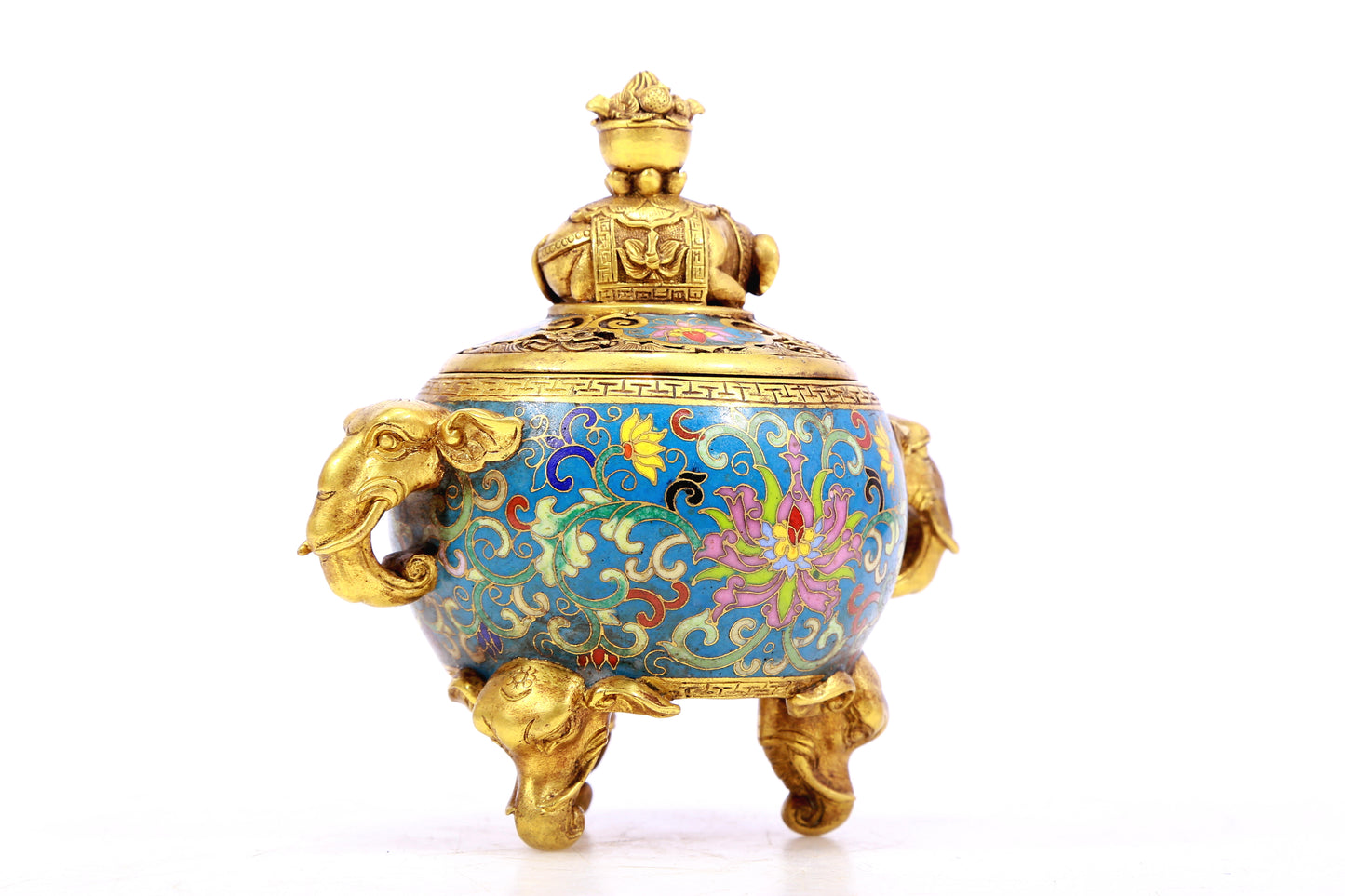 A cloisonné censer with two ears and three legs with lotus pattern