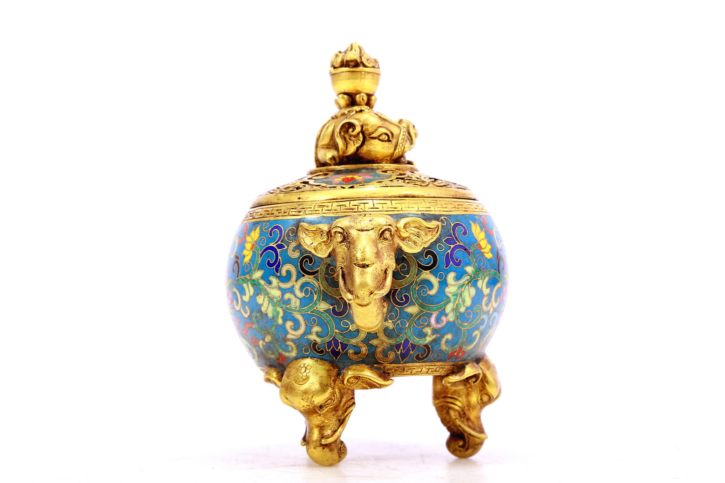 A cloisonné censer with two ears and three legs with lotus pattern