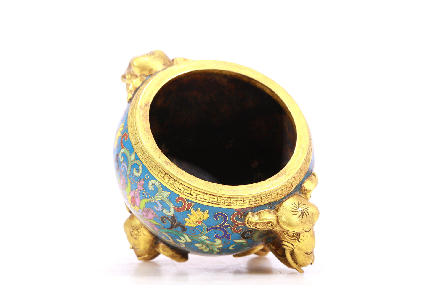 A cloisonné censer with two ears and three legs with lotus pattern