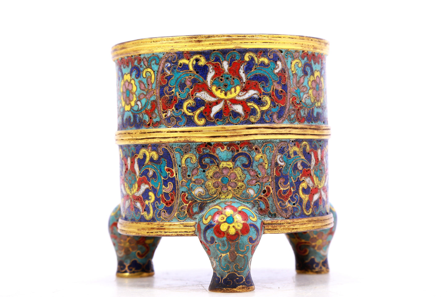 A cloisonné three-legged censer with lotus pattern