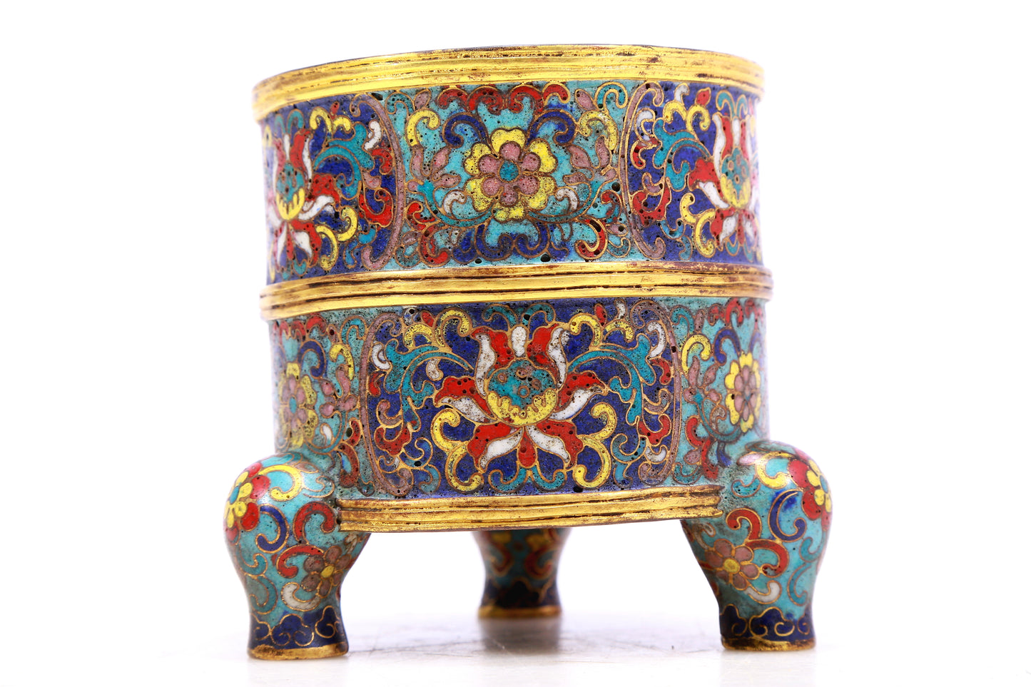 A cloisonné three-legged censer with lotus pattern