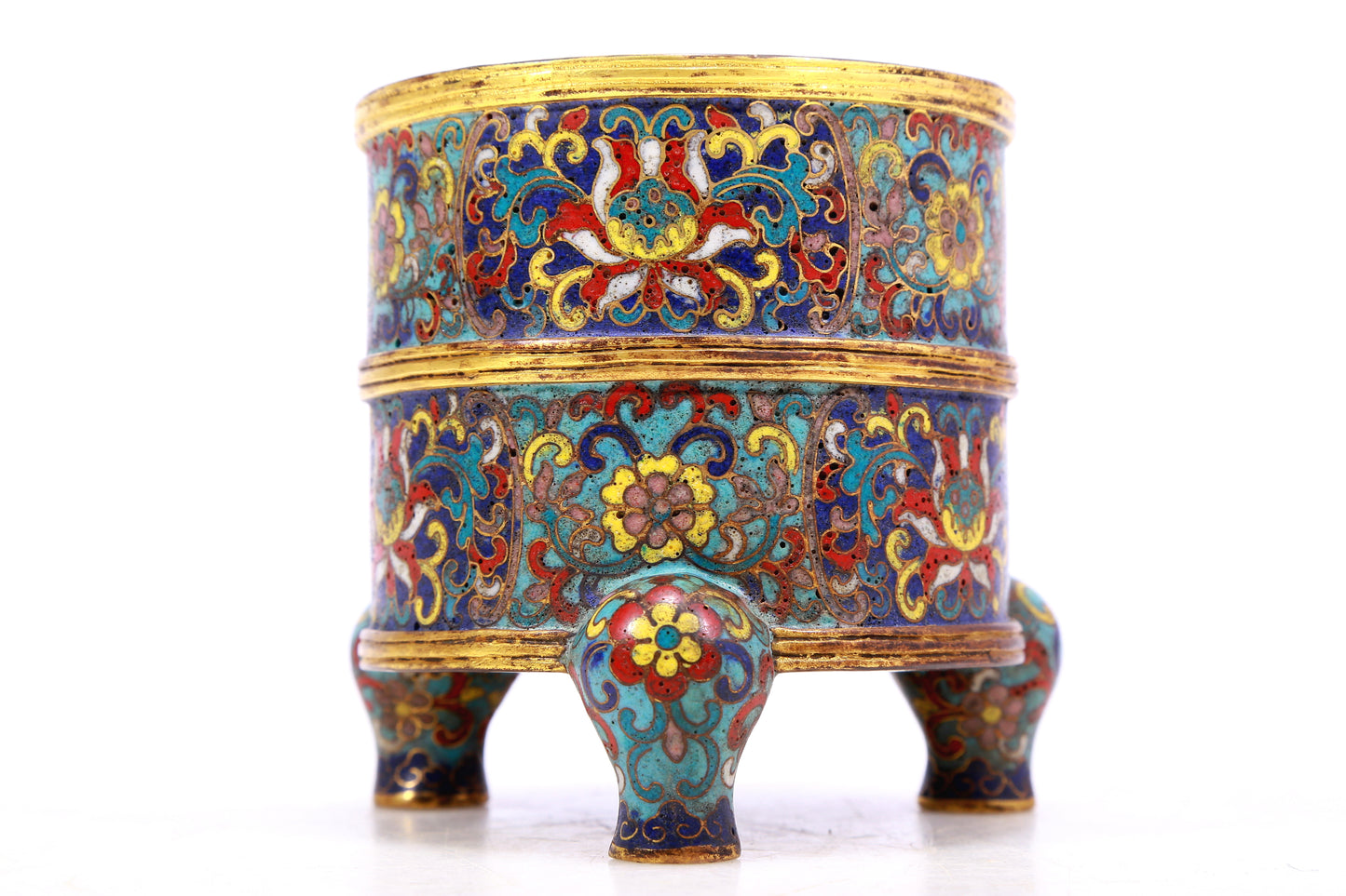 A cloisonné three-legged censer with lotus pattern