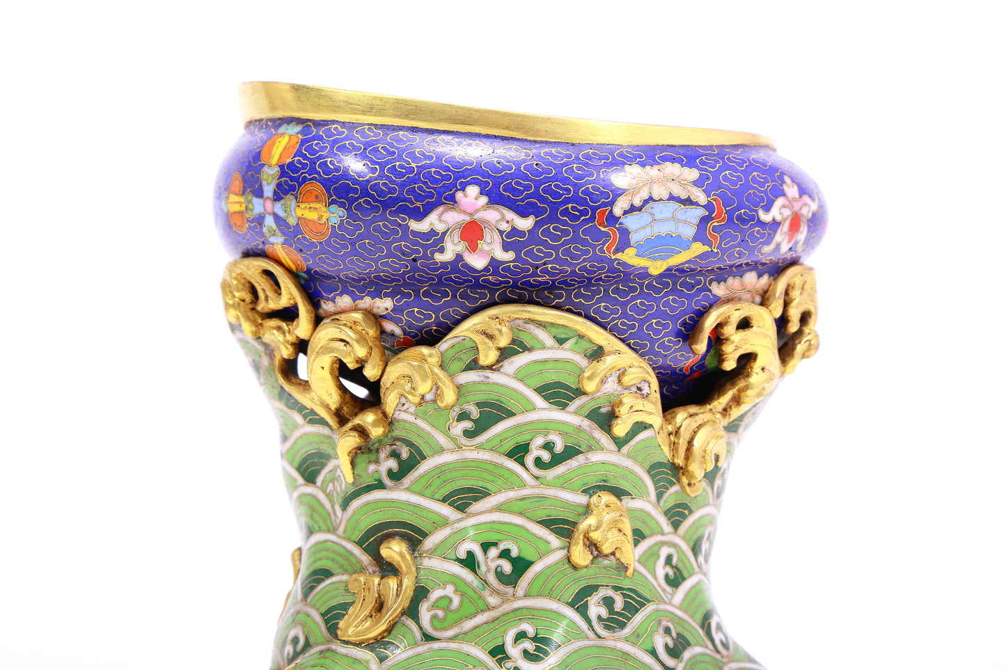 An Exquisite Cloisonne 'Weapons Of The Eight Immortals' Conch-Form Water Pot