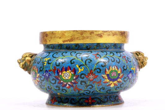 A Gorgeous Cloisonne 'Scrolling Lotus' Lion-Handled Censer