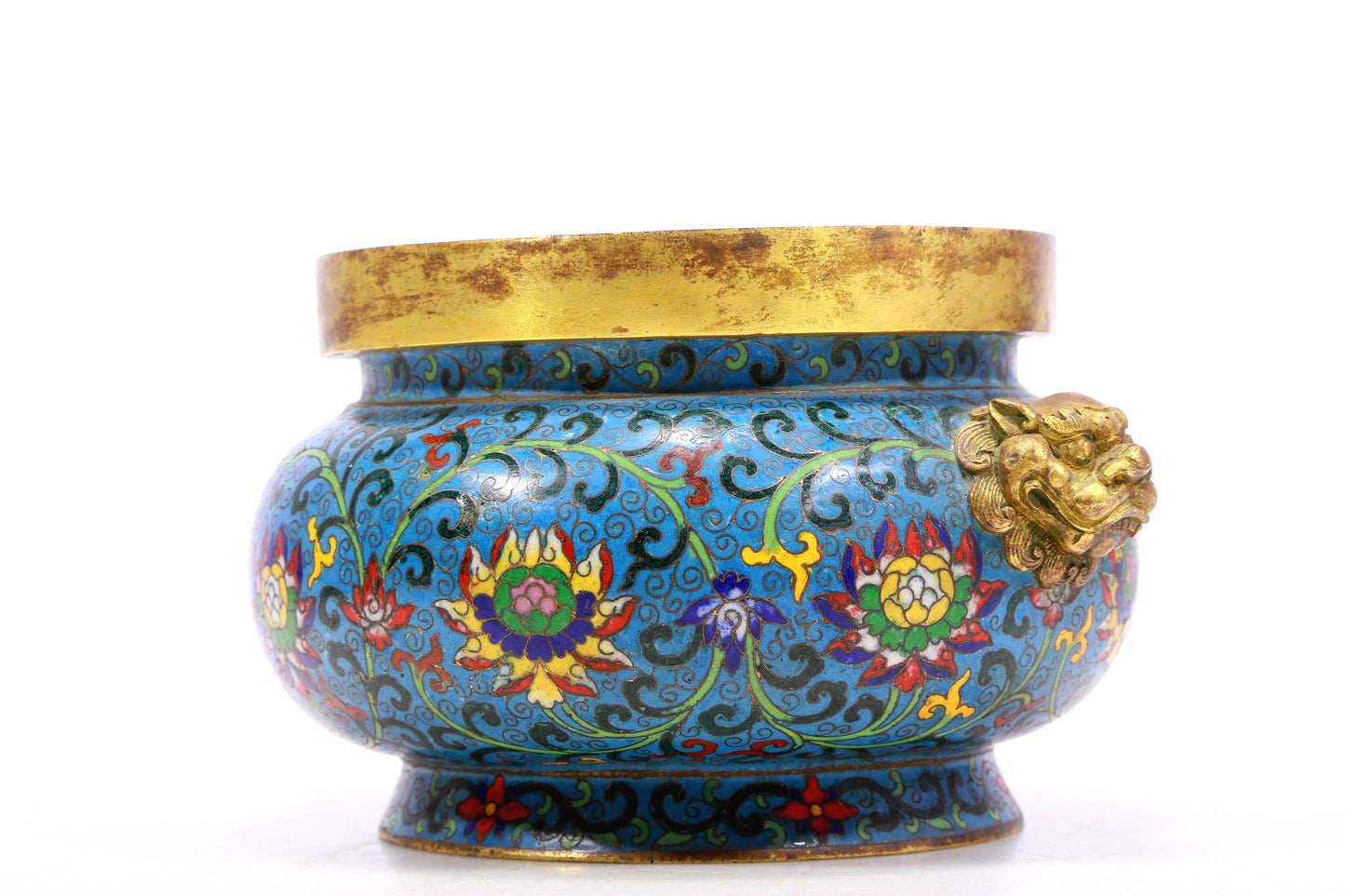 A Gorgeous Cloisonne 'Scrolling Lotus' Lion-Handled Censer