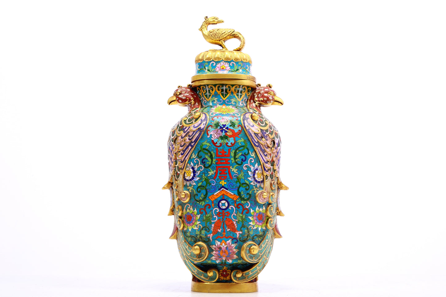 A Gorgeous Cloisonne 'Scrolling Lotus' Phoenix-Handled Vases