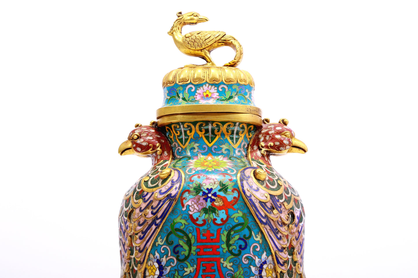 A Gorgeous Cloisonne 'Scrolling Lotus' Phoenix-Handled Vases