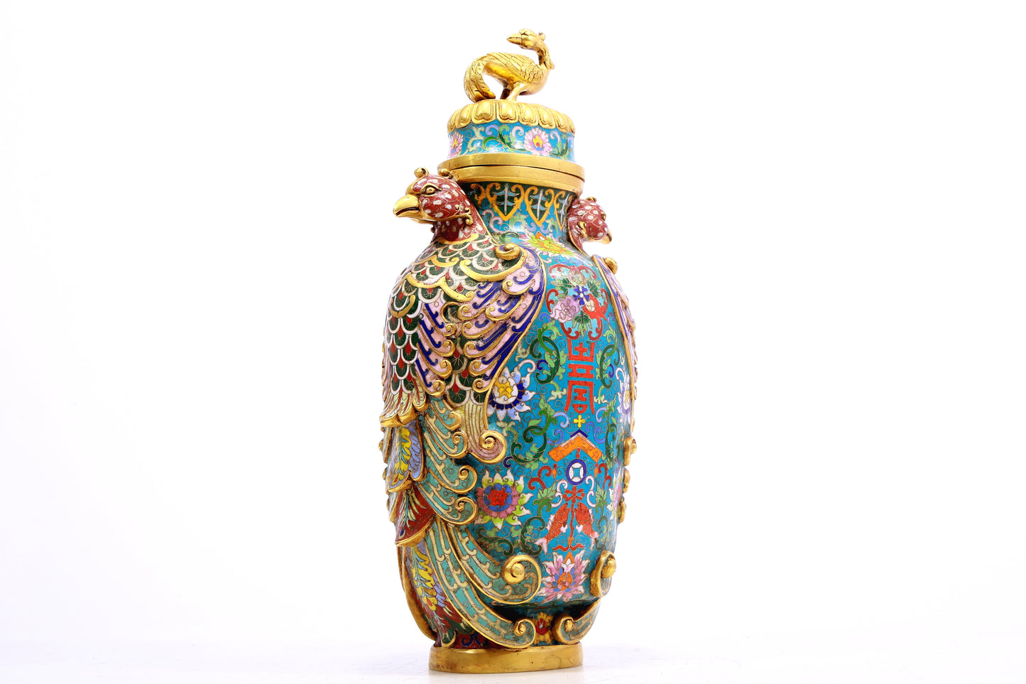 A Gorgeous Cloisonne 'Scrolling Lotus' Phoenix-Handled Vases