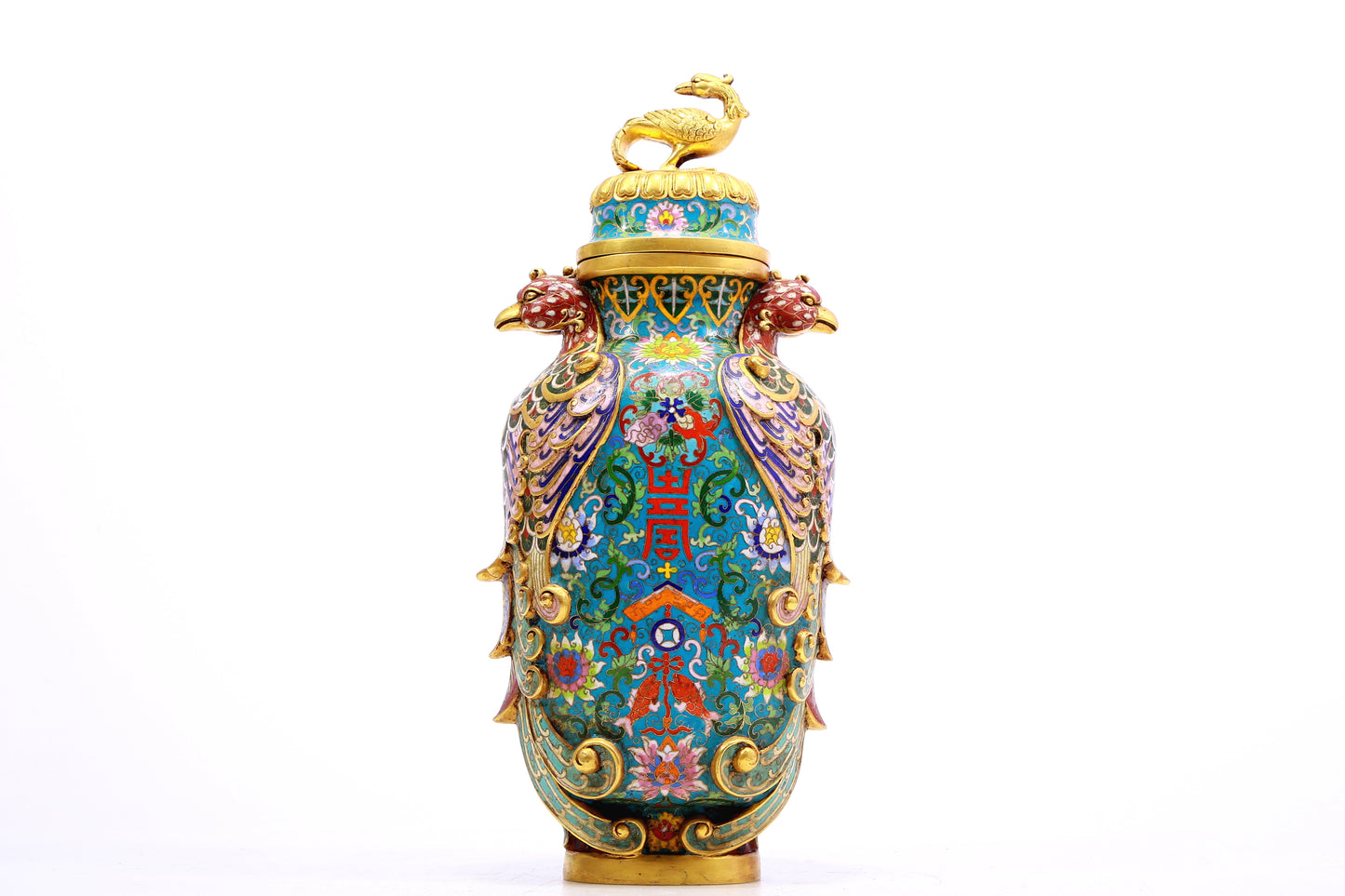 A Gorgeous Cloisonne 'Scrolling Lotus' Phoenix-Handled Vases