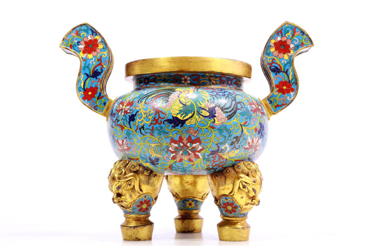 A Gorgeous Cloisonne 'Phoenix& Flower' Tripod Censer