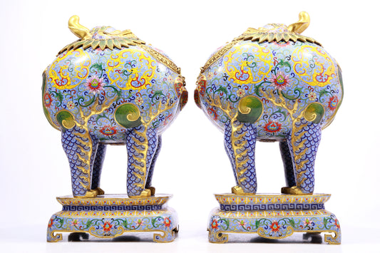 Pair of cloisonné unicorn censers