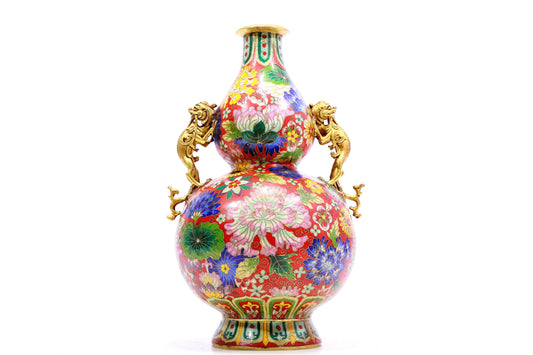 A Gorgeous Cloisonne 'Flower' Dragon-Handled Gourd-Form Vase