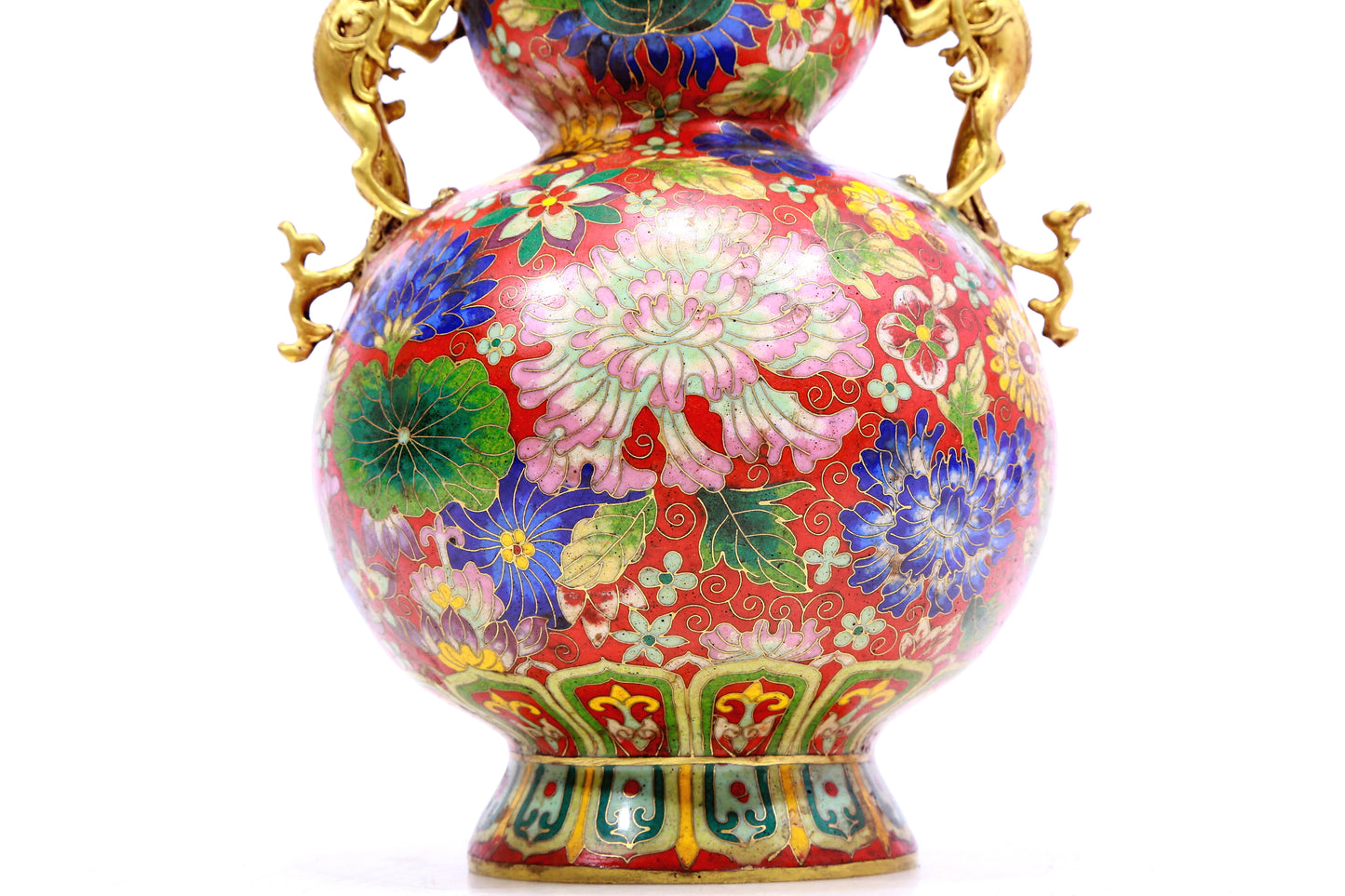 A Gorgeous Cloisonne 'Flower' Dragon-Handled Gourd-Form Vase