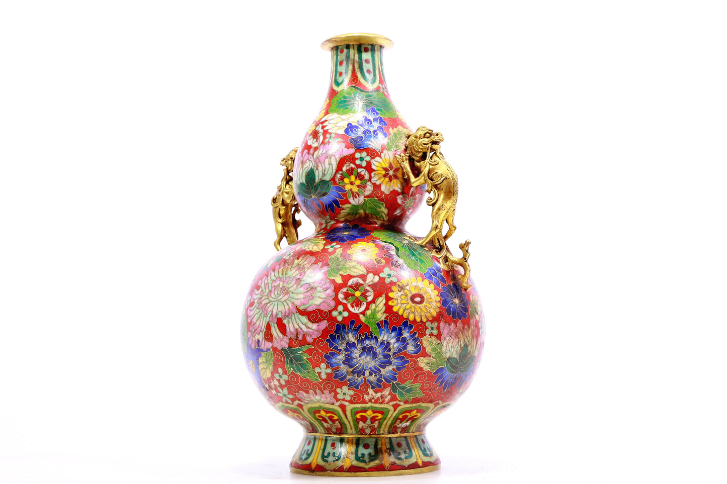 A Gorgeous Cloisonne 'Flower' Dragon-Handled Gourd-Form Vase