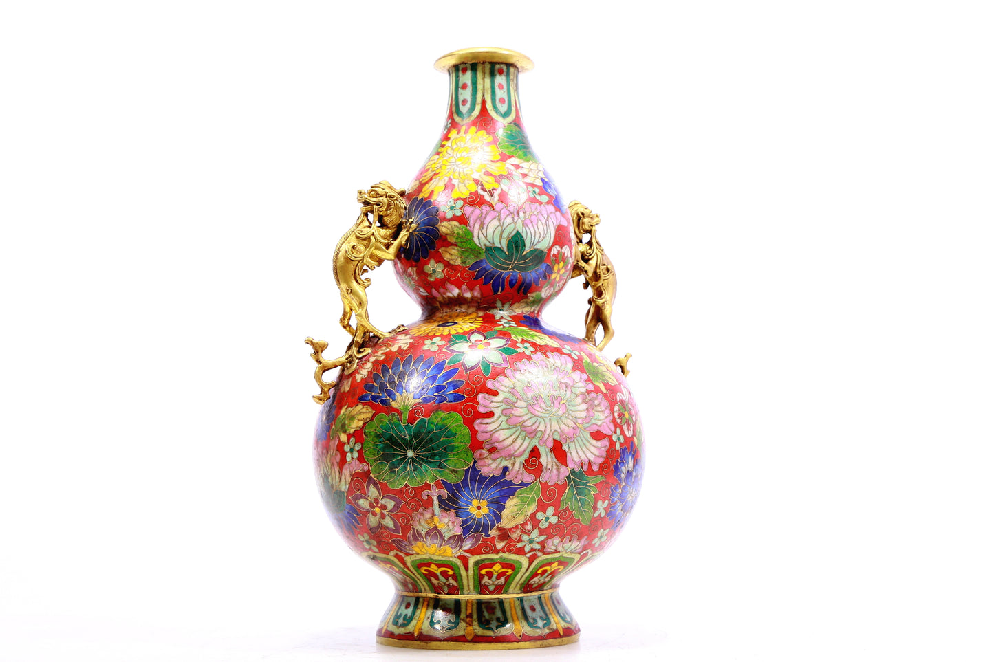 A Gorgeous Cloisonne 'Flower' Dragon-Handled Gourd-Form Vase