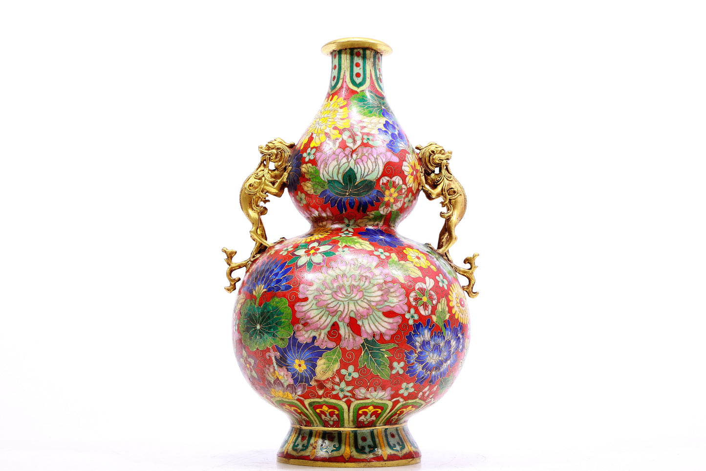 A Gorgeous Cloisonne 'Flower' Dragon-Handled Gourd-Form Vase